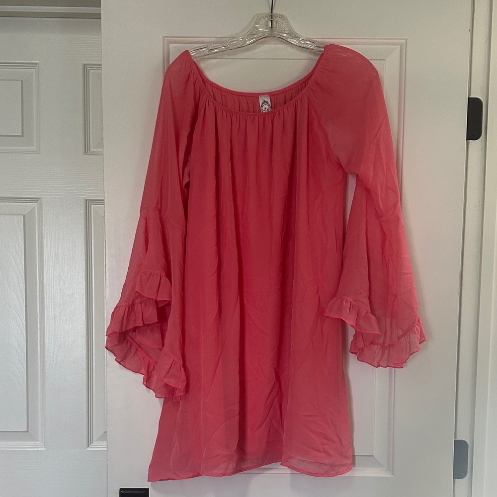 Women’s Long Sleeve Ruffled Tunic Dress - Coral Pink